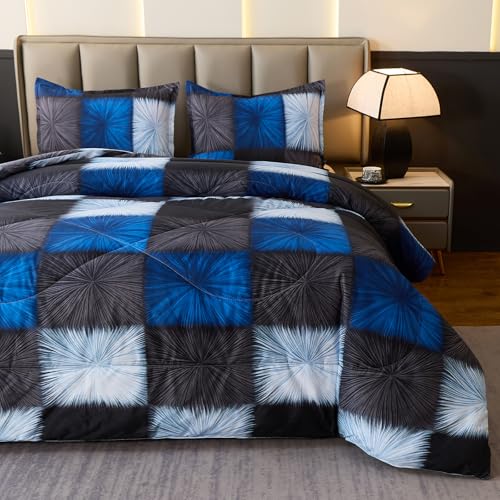Caressma Plaid Comforter Set Black and Navy Blue, Twin Size Black and White Checkered Comforter Bedding Set, Fluffy Black Grid Home Decor for All Seasons