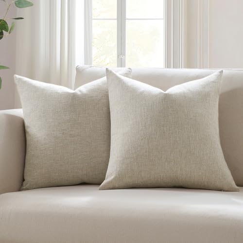 Meekio Set of 2 Linen Beige Throw Pillow Covers 18x18, Modern Farmhouse Linen Blend Decorative Pillow Covers for Couch Sofa Bed, Neutral Home Decor