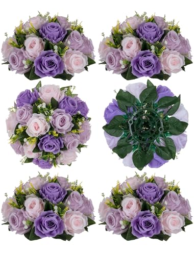BLOSMON Wedding Flower Centerpieces for Tables: 6 Pcs Pink Purple Roses - Artificial Silk Flower Balls Arrangement Decorations for Home - Fake Silk Floral Bouquet with Base Party Reception Decor