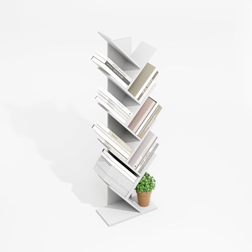 Furinno TREE Book Shelf, 9-Tier Bookshelf, Tree Bookcase for Room Decor, 21.34 x 39.88 x 129.29 cm, for Living Room, Bedroom, Home Office, Plain White