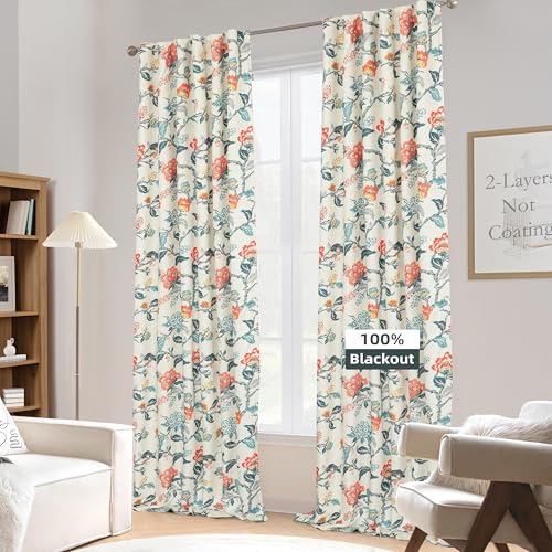 "DriftAway 100% Blackout Linen Curtains for Bedroom Double Layer Drape Thermal Insulated Ada Julia Floral Curtains 3 Inch Rod Pocket Back Tab Full Light Blocking 2 Panels 52"" x 120"" Linen Orange Teal"