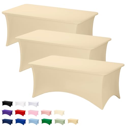 Fixwal 3 Pack Champagne Table Cloths Rectangle 6FT, Tablecloths Rectangular Stretch Spandex Fitted Table Covers 6 ft for Festival Parties, Christmas Decorations, Trade Shows, Banquet, Weddings, Event