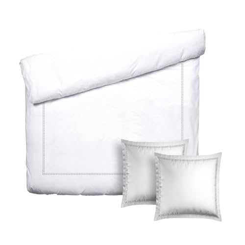 Pure Cotton 3-Piece Double Bedding Set – Duvet Cover 260 x 240 cm & 2 Pillowcases 63 x 63 cm – 100% Cotton Satin, 80 Threads/cm², 120 GSM – Oeko-TEX Certified – Celestial – Grey/White