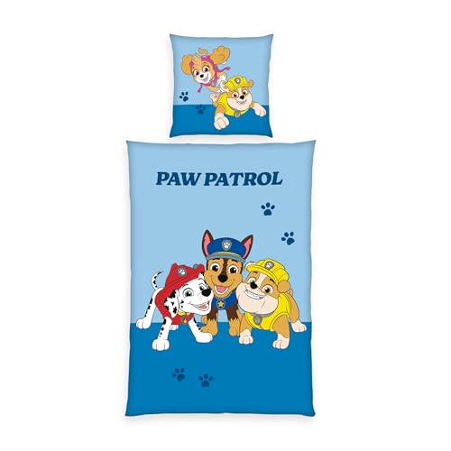 Herding Paw Patrol Bed Linen, Pillowcase Approx. 80 x 80 cm, Duvet Cover Approx. 135 x 200 cm, with Button Placket, 100% Cotton