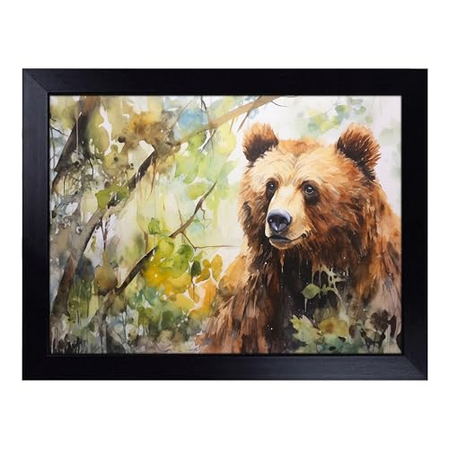 Lap Tray with Bean Bag Cushion, Bear Watercolour - Handmade in the UK, Raised Wooden Edge, Padded Cushion, Heat-Resistant Wipe-Clean Surface, for Meals, Laptops and Crafts