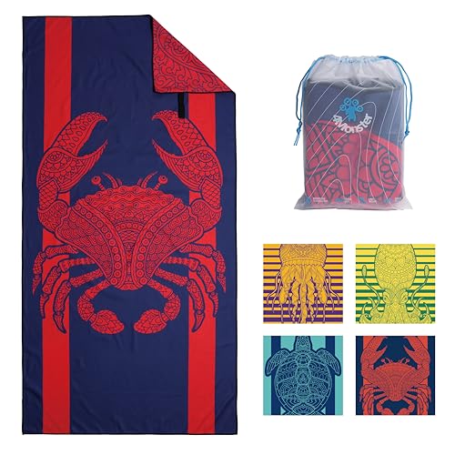 "4Monster Microfiber Beach Towel Quick Dry,Super Absorbent Lightweight Travel Towel for Swimmers, Sand Free Camping Towel, Beach Towels for Pool,Swim,Water Sports,Yoga (01 Crab, 63.00"" x 31.50"")"