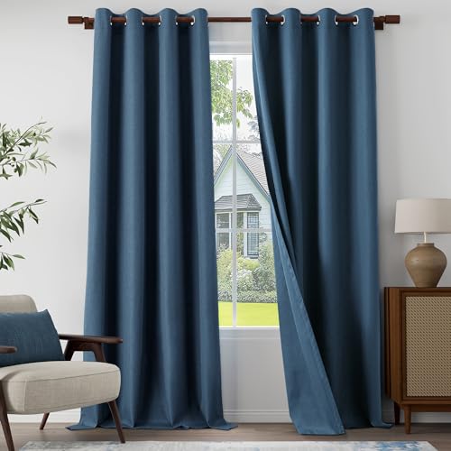 "OYRING Extra Lenght 100% Blackout Linen Textured Curtains 120 Inch Length 2 Panels Set for Living Room, Bedroom, Full Blackout Curtains with Grommets Top, Dark Blue, 52"" W x 120"" L, 2 Panels"