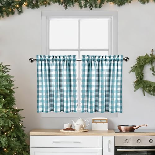 Bapawfish Blue Green Buffalo Plaid Curtains for Coffee 91.4 cm Long, Buffalo Plaid Curtains Dark Blue Kitchen Curtains, Gingham Short Curtain Rod Pocket Curtains for Kitchens and Rooms