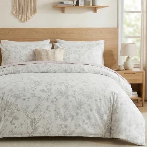 Cozaline 100% Cotton Floral Duvet Cover Set Queen Size Ultra Soft Breathable Grey Floral and Leaf Comforter Cover Set 3 Pcs All Season Cozy Floral Bed Cover with Zipper Closure