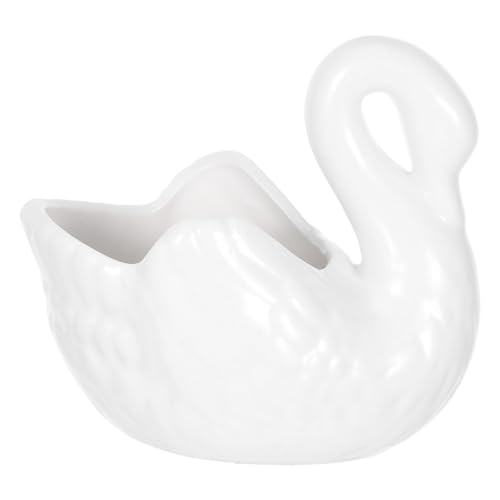 Yardwe Lovely Swan Ceramic Flowerpot with Drain Hole, White Porcelain Planter for Succulents, Decorative Plant Pot for Home and Office, 4.4 X 2.36 X 3.77 Inch