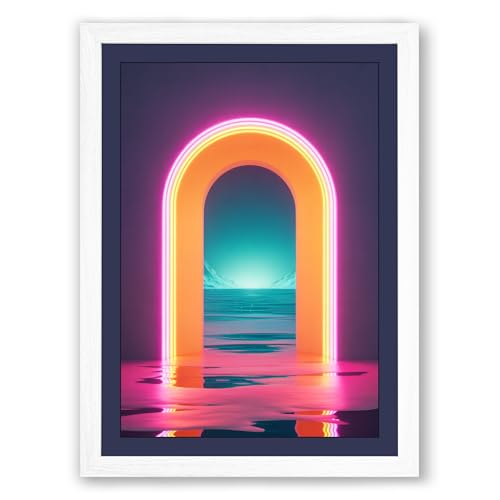 Neon Portal to Ocean Modern Framed Wall Art Print A2 (59.4×42cm) White, Wall Decor for Living Room, Bedroom, Office & Home, Ready to Hang, Art Gift