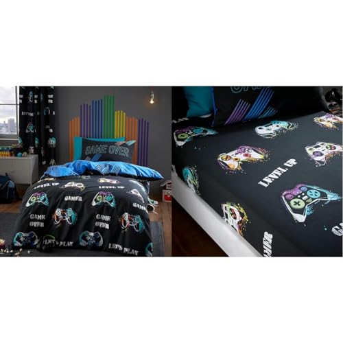 Catherine Lansfield Game Over Reversible Double Duvet Cover Set with Pillowcases Black & Kids Game Over Double Fitted Sheet Black