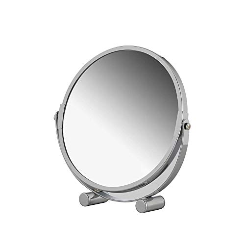 axentia Free Standing Swivel Magnifying Mirror, Portable Chromed Metal Cosmetic Vanity Mirror with up to 3x Magnification, Round Double-sided Make Up Mirror, Table Rotating Bathroom Shaving Mirror, Diameter approx. 17 cm, Silver