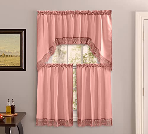 American Linen 3-Piece Kitchen Caf?? Curtains with Embroidered Lace (Blush) - Includes matching valance and tiers with lace trim. Light-filtering curtains for kitchen, bath, and small windows.