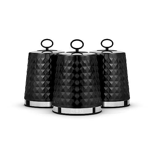 Tower T826207BLK Solitaire Set of 3 Canisters, Mirror Finished Steel Lid with Round Loop, Airtight, Black