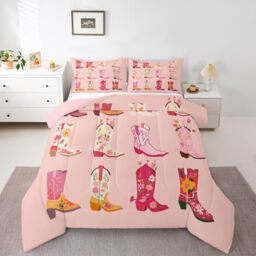 Erosebridal Pink Cowgirl Boots Toddler Bedding Set for Girls Kids,Cute Boho Floral Comforter Set,Bohemian Wildflower Quilt Bed Set,Western Cowgirl Country Room Decor with 1 Pillowcase