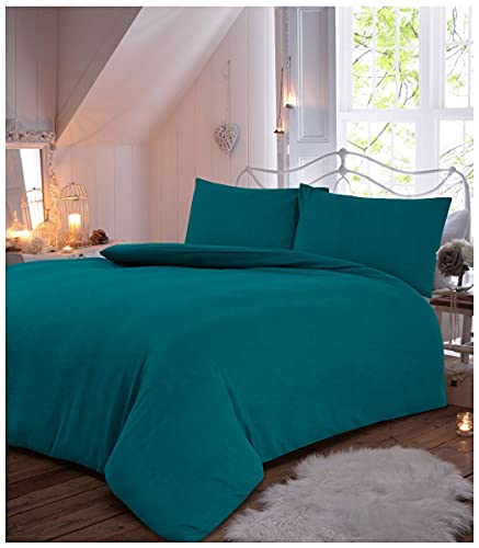 Gaveno Cavailia Plain Dyed Flannel Duvet Set Teal Double, 100% Brushed Cotton Flanneltte Bedding, 3 Piece Cosy Warm Bedlinen, Easy Care DuvetCover Bedset, 1 Quilt Cover and 2 Pillow Cases