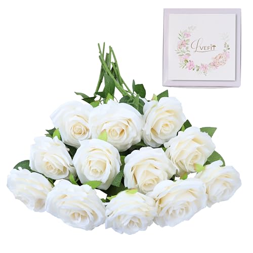 LVEFIT Ivory Silk Artificial Rose Flowers, 12pcs with Long Stem, Ivory Roses, 9cm x 45cm, Classic Style, Artificial Flowers, Wedding & Home Decor