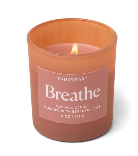 Paddywax Scented Candles Wellness Collection Frosted Glass Candle Fragranced with 100% Essential Oils, 141g, Red - Breathe