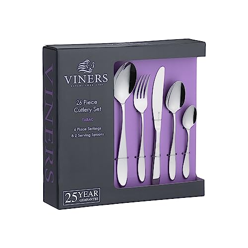 Viners Tabac Cutlery Set - 18/0 Stainless Steel - Set of 26 Pieces - Silver Mirror Finish - Serves 6 - Dishwasher Safe - Gift Box