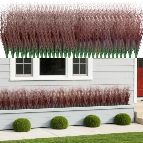 LUZOGA 100Pcs Artificial Grass Plants, Faux Shrubs Wheat Grass, Artificial Tall Grasses Fake Plants for Outdoor Decor,Artificial Greenery Stems Weed for Room Indoor Home Decor???Red???