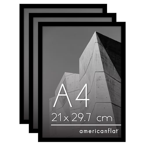 Americanflat A4 Picture Frame with Shatter-Resistant Glass - Set of 3 - Streamline Collection - Thin Border Photo Frame with Hanging Hardware and Easel for Tabletop and Wall Display - Black