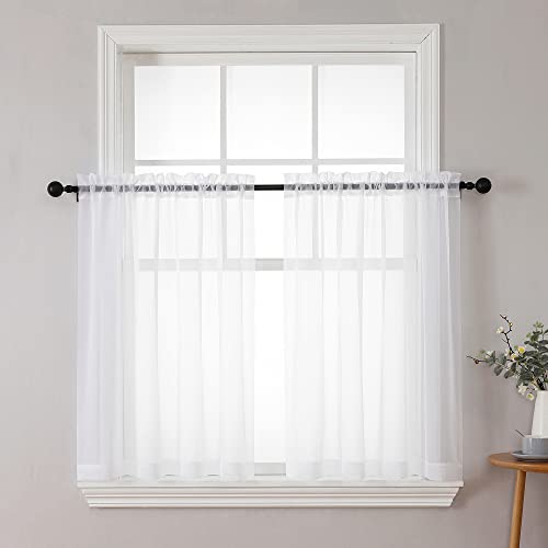 Chyhomenyc White Sheer Curtains 36 inch Length 2 Panels Set, Light Filtering Voile Rod Pocket Short Window Curtians for Bathroom Living Room Farmhouse Small Windows, Each 42Wx36L in, 2PCS, White