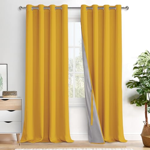 XWZO 100% Blackout Curtain Panels - Thermal Insulated Black Liner Curtains, Noise Reducing and Heat Blocking Drapes for Hall and Studio Windows with Tiebacks, Yellow, W52 x L95, Set of 2