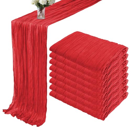 8 Pack Cheesecloth Table Runner 35x120 Inches Red Boho Gauze Rustic Cheese Cloth Runners 10ft Long Romantic Sheer Table Runner for Wedding Bridal Baby Shower Party Christmas Table Decor