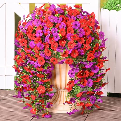 Dolicer 2 Pcs Look Real Artificial Flowers for Outdoors, Realistic Fake Artificial Hanging Flowers for Outdoors UV Resistant Silk Faux Hanging Plants Flowers for Porch Patio Garden (Purple+Red)