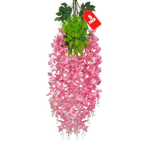 ZEBMOON 5 Pack Dark Pink Wisteria Hanging Flowers, 3.77 Ft Fake Hanging Flowers, Artificial Wisteria Garland Vines for Wedding Room Backdrop Outdoor Patio Garden Decoration