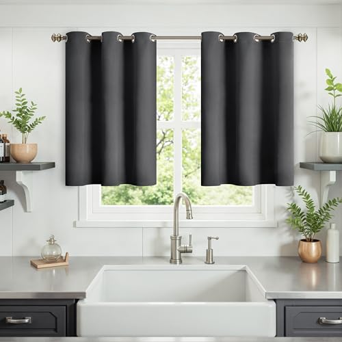 YoungsTex Dark Grey Blackout Curtains 36 Inches Length for Kitchen Bedroom Window - Thermal Insulated Drapes Short Length with Grommet for Bathroom, 2 Panels, 42 x 36 Inch