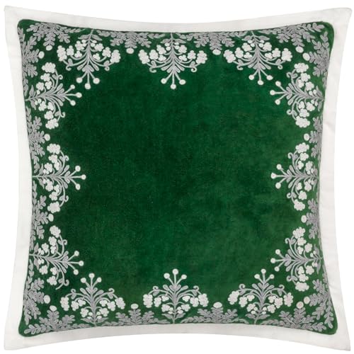 Paoletti Winter Bloom Polyester Filled Cushion – Luxury Floral Embroidered Cotton Velvet Oxford Edge Festive Decorative Pillow (Green – 50x50cm)