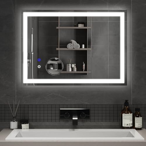 Mondeer 500 x 700 mm Bathroom Mirror with LED Lights, Illuminated Wall Mounted Vanity Mirror with Memory Function 3 Colors Dimmable Demister and 5x Magnifier (3000 K - 6500 K)