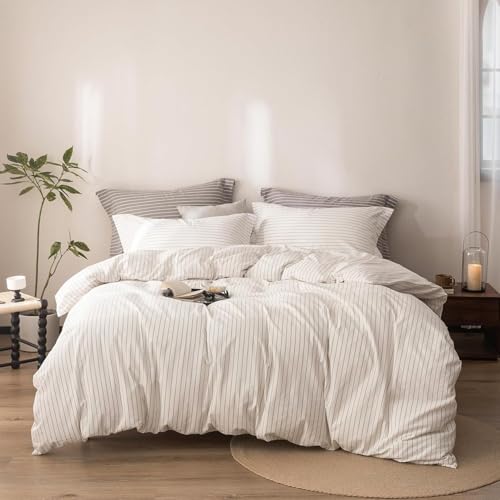 Warm Moment Stripe Duvet Cover Super King Plus Size 120inch x 120inch,100% Washed Cotton Linen Feel Duvet Cover with Zipper Closure and 2 Pillowcases, Color of Off White-Linen Grey Stripe