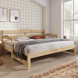 Merax Pull out Sofa Bed with Extendable Unit - Versatile Daybed For Adults Kids Teenagers - Modern Trundle Bed With Curved Side Panels and Back - 90x190cm Natural