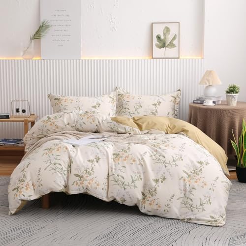 OAITE Twin Size Floral Duvet Cover Set, 3-PC, 100% Cotton, 600 Thread Count, Breathable, Zipper Closure & Corner Ties