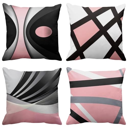 Emvency Set of 4 Soft Pink Throw Pillow Covers Modern Abstract Black Grey Stripes Gray White Acrylic Bold Decorative Pillow Cases Home Decor Square 20x20 Inches Pillowcases