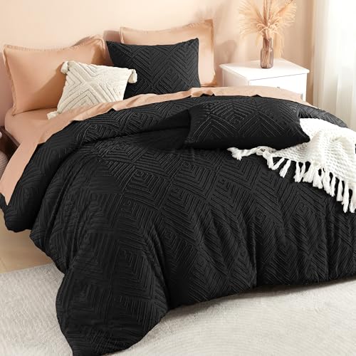 Litanika Oversized King Comforter Set Black, 3 Pieces Tufted Boho Farmhouse Bedding Comforter Set, Lightweight Fluffy All Season Comforter Set (120x98In Comforter & 2 Pillowcases)
