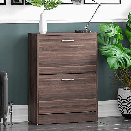 Vida Designs Shoe Cabinet, Wooden Shoe Storage Unit with 2 Pull-Down Drawers, Multifunctional Dust-Proof Space-Saving Slim Cupboard for Hallway or Entryway (Walnut)