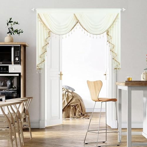 VOGOL Retro Waterfall Valance Curtains, European Style Semi Sheer Valances with 2 Swags, Rod Pocket Voile Window Treatment for Bedroom Nursery, Beige, 59 Inches Wide, 1 Pack
