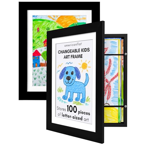 Americanflat - 2 Pack - Kids Artwork Display Frame Changeable (Black) - Magnetic Door Holds 100 Art Pieces - A4 Size Display with Mount or 10x12.5 Without Mount - My Mini Masterpiece