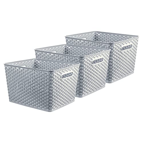 CURVER My Style Rattan Effect Set of 3 Kitchen, Living room, Bathroom, Bedroom, Utility Large Rectangular Storage Baskets 18L - Blue