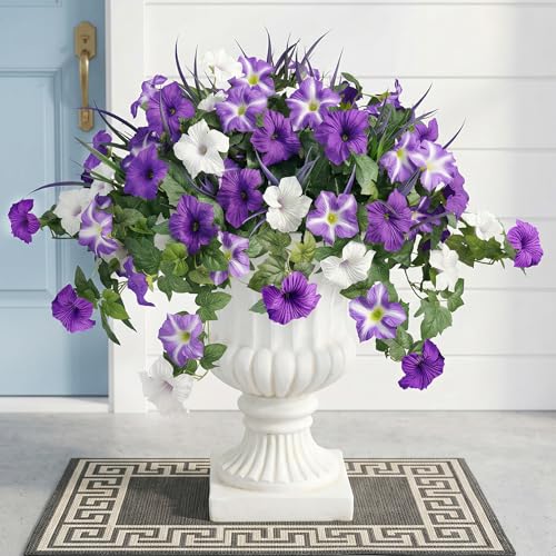 unlemoni Artificial Flowers Plants for Outdoors, 6PCS UV Resistant Faux FlowersOutdoor Plants, Fake Petunias Silk Flowers for Garden Balcony Yard Porch Decor (White Green Purple)