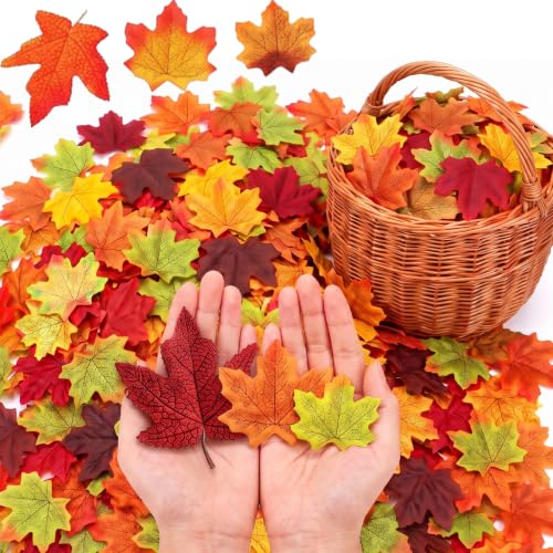 Syhood 500 Pieces Artificial Autumn Maple Leaves Dozens of Mixed Autumn Maple Leaves Assorted Decor Dart Scrapbooking Supplies for Thanksgiving Weddings Halloween
