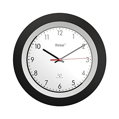 Mebus Radio-Controlled Wall Clock, Classic Model, Black Frame, White Dial, 30 cm Diameter, Round, Radio Controlled Clock (DCF77), Model: 19447, Colour: Black, White
