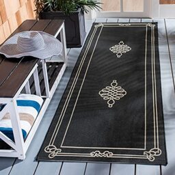 Safavieh Geometric Rug for Indoor and Outdoor, Waterproof, Courtyard Collection, Short Pile, in Black and Cream, 69 x 201 cm