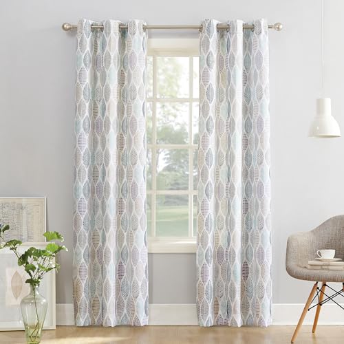 "No. 918 Mikko Leaf Print Semi-Sheer Grommet Curtain Panel, 40"" x 63, White"