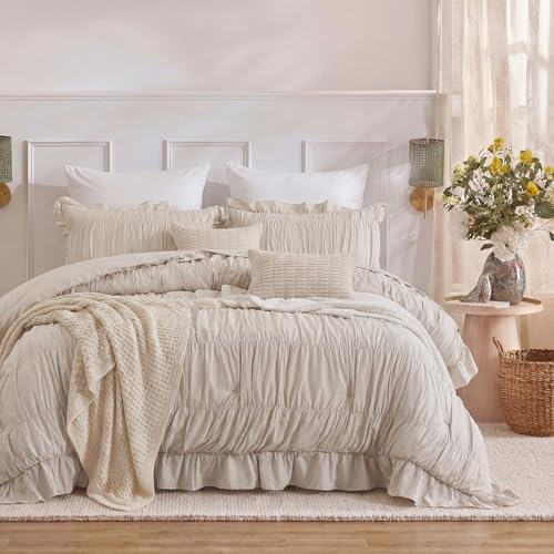 Herside Beige Ruffle Duvet Cover Set King Size,Ruched Boho Bedding 3 Pieces Shabby Chic Luxury Wrinkle Ruffle Comforter Cover Set,Breathable and Soft Microfiber Quilt Cover Set for All Seasons