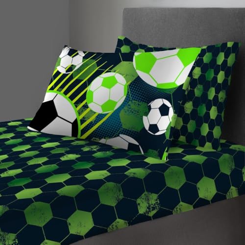 Kids Single Fitted Sheet Set - Football Bedding For Childrens & Toodlers - Soft & Comfortable Geometric Bed Sheets For Kids Room - Easy Care Sheet Set ( 1 Fitted Sheet + 1 Pillowcase ) - Green